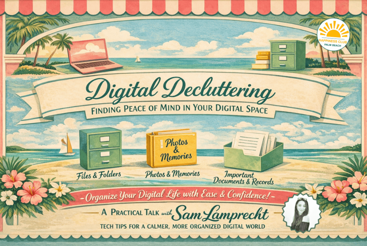 digital decluttering event flyer hosted by happiness club in palm beach, florida
