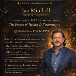 Flyer for Palm Beach Wellness Reception with Ian Mitchell, founder of Wizard Sciences, on the future of health and performance, complimentary event on May 4th with RSVP required