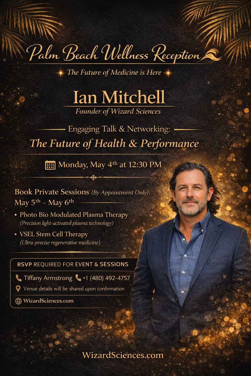Flyer for Palm Beach Wellness Reception with Ian Mitchell, founder of Wizard Sciences, on the future of health and performance, complimentary event on May 4th with RSVP required